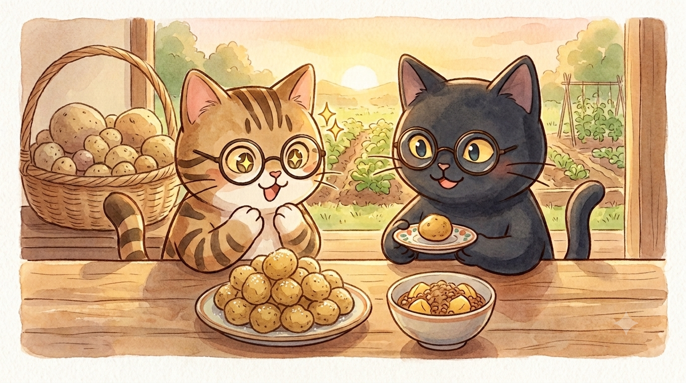 収穫したじゃがいもの皮つき素揚げとそぼろ煮を囲む、くりとちょこの食卓